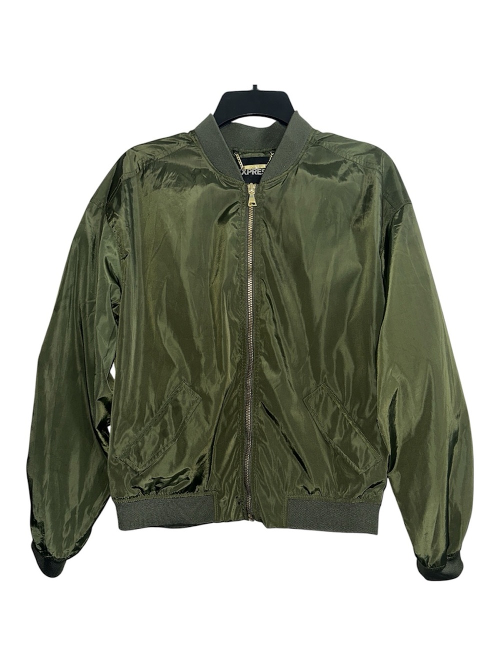 Express Women’s Olive Bomber Jacket with Gold Zipper Size S Fall Casual Outdoor